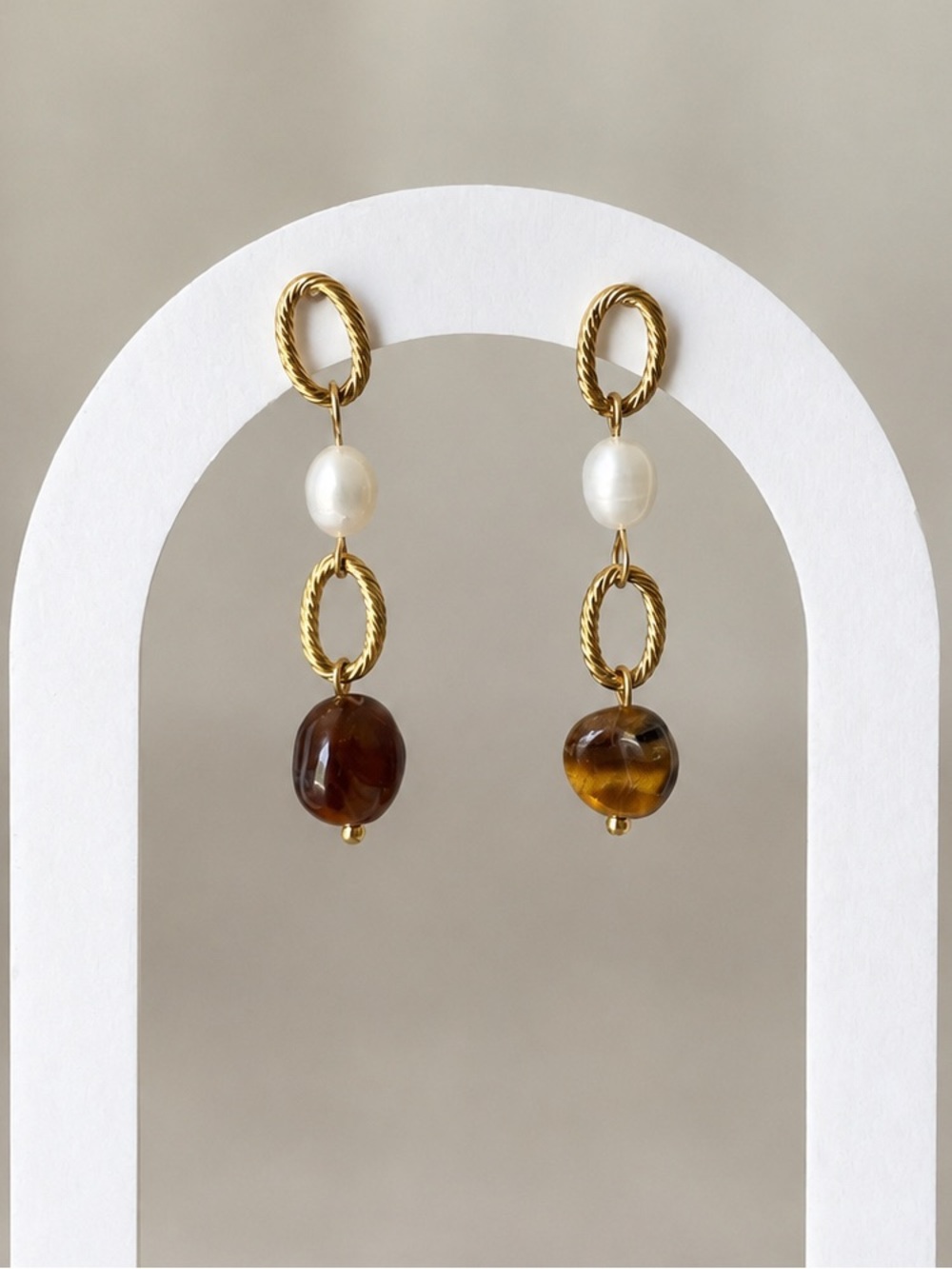 18K Gold Plated Pearl & Brown Stone Drop Earrings